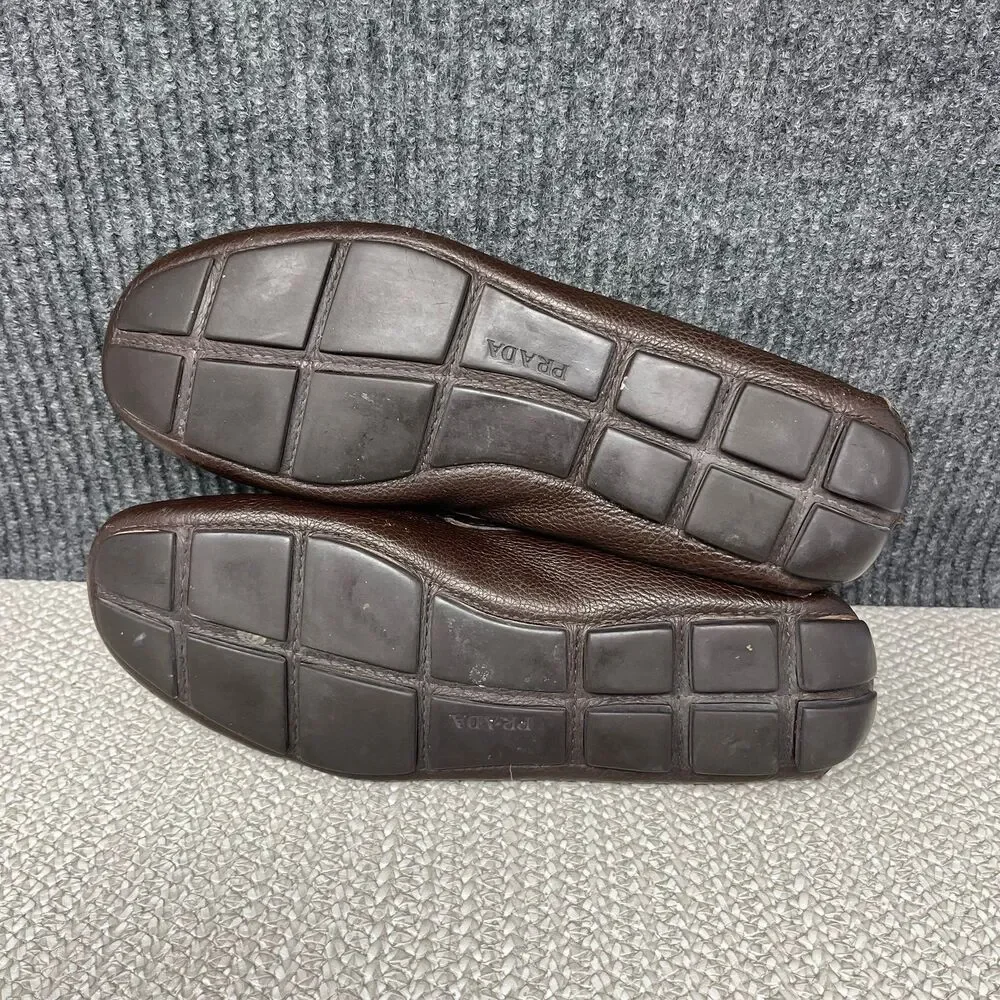 Prada Logo Pebbled Leather Driving Loafers Slip On Brown Italy Mens 7 2D2170